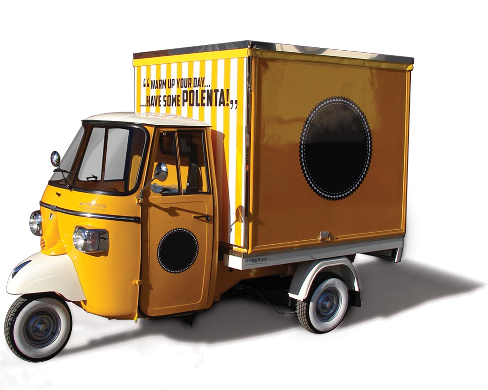 Piaggio van designed for vending polenta in New York. Mobile Kitchen