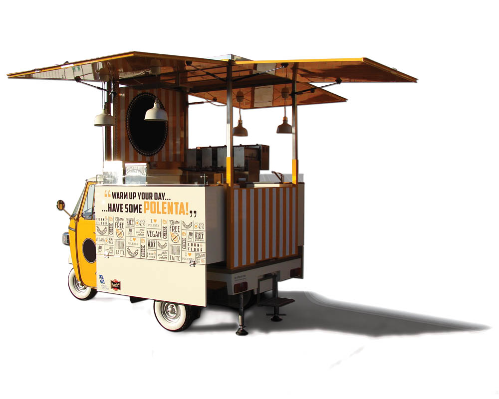 Piaggio truck for trading polenta in New York. Yellow color