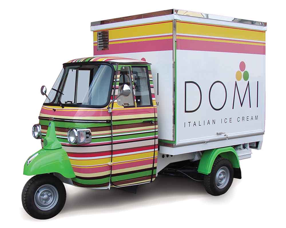 Ice-cream piaggio van vending italian gelati in Switzerland