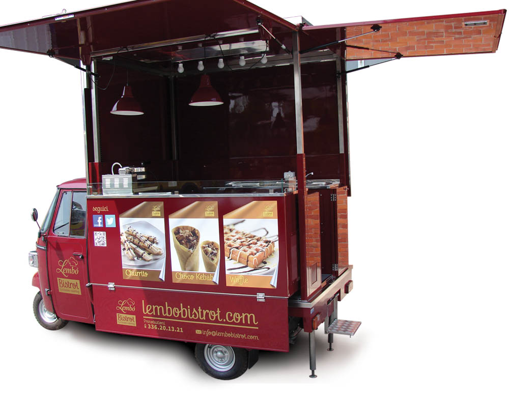 Food truck Piaggio Ape for vending delicious Waffles, Churros and sweet Kebabs
