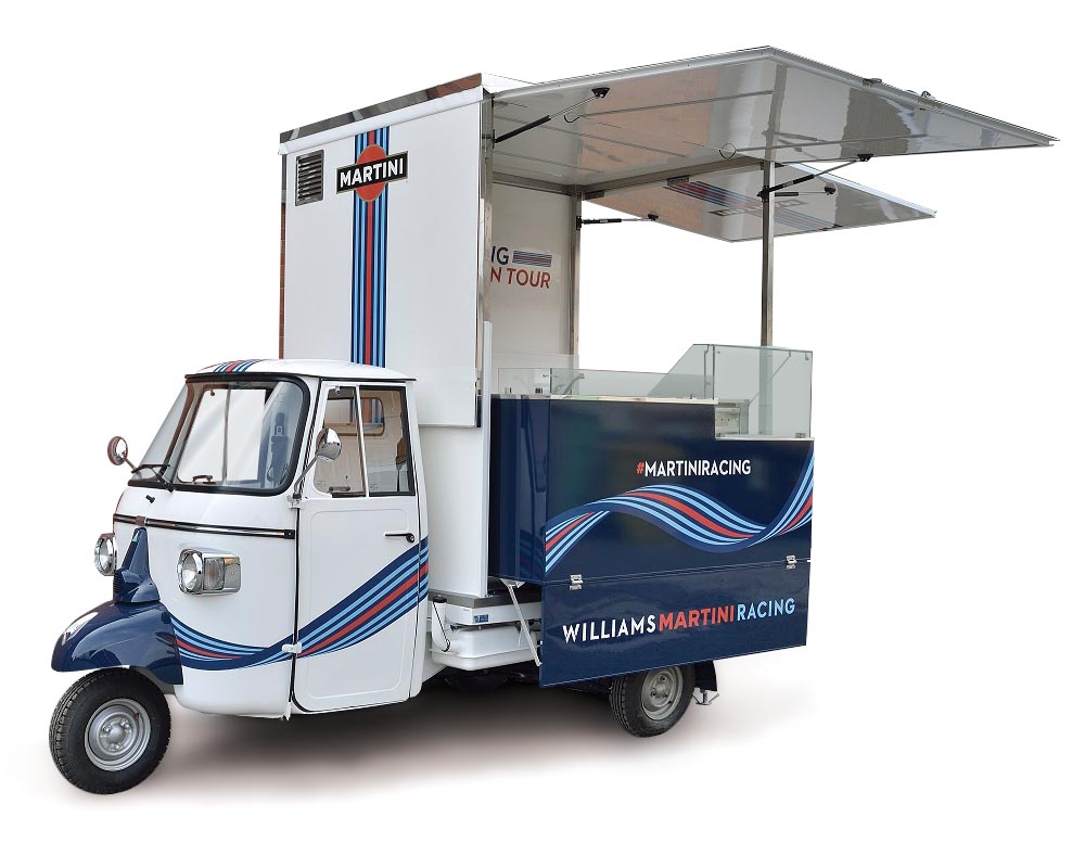 Martini Piaggio mobile bar designed for cocktails vending