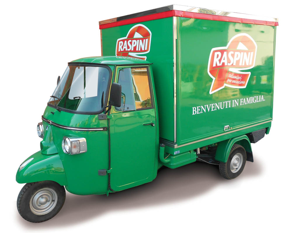 Ape car Raspini for street vending of italian salami and cured meats