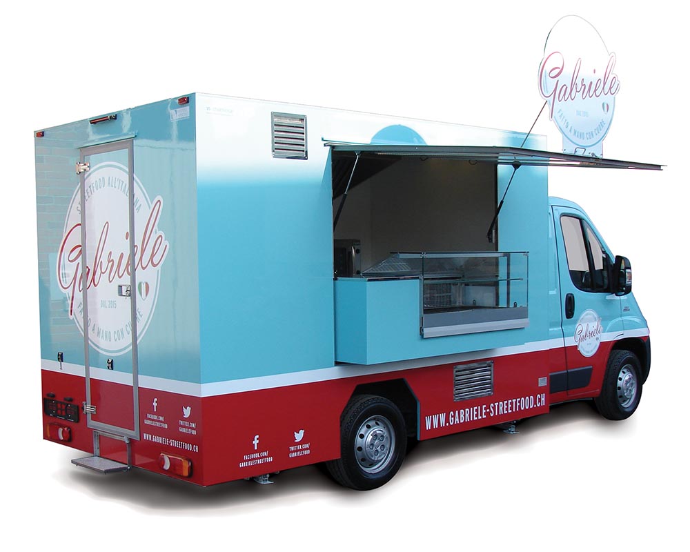 Fiat Ducato Food Truck selling hand-made gnocchi skewers in Switzerland