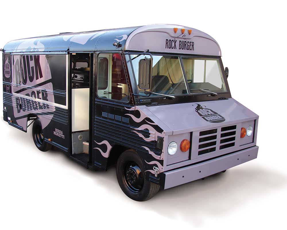 Food Bus designed for vending hamburgers at festivals and events