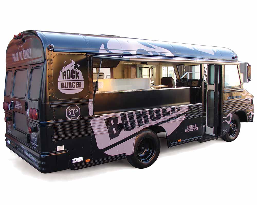 BluBird "Rock Burger" is a Bus converted into food truck for vending hamburgers