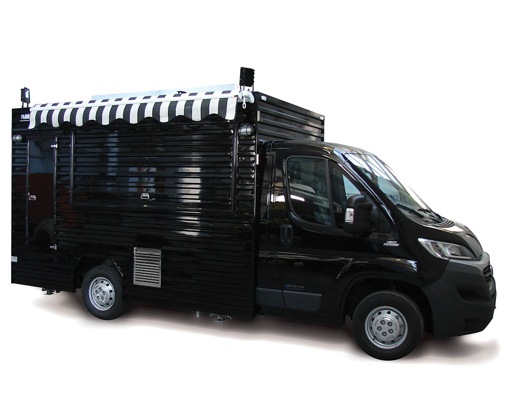 Food Truck Hamburger THF Gèneve Suisse sur Fiat Ducato noire avec cuisine mobile