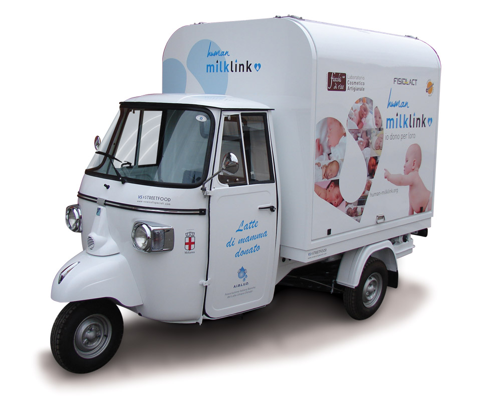 Promotional vehicle fitted out on Piaggio ape v-curve for Human Milk Link. Human milk can be stored from the donors at home to save the life of newborn children