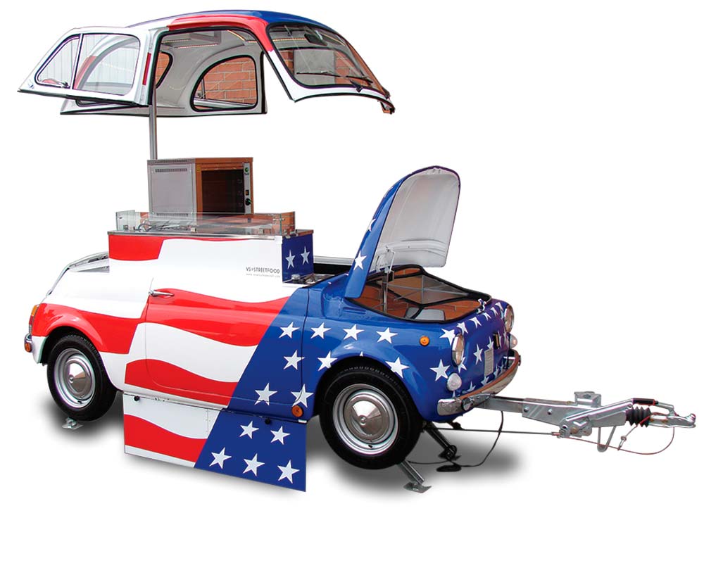 rimorchio per street food FIAT 500 vintage realizzato per vendere hamburger americani e per attività pubblicitaria e promozionale