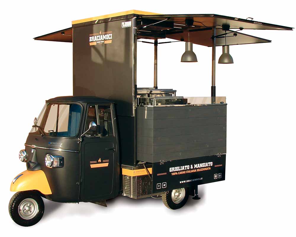 Piaggio ape car modified for grilled meat cooking and vending in Milan