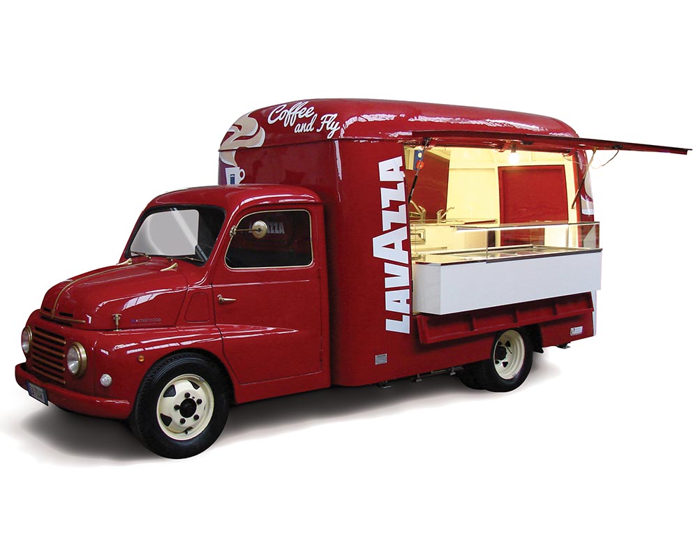 Vintage Food truck designed from Fiat 615 for Lavazza company in Turin Airport