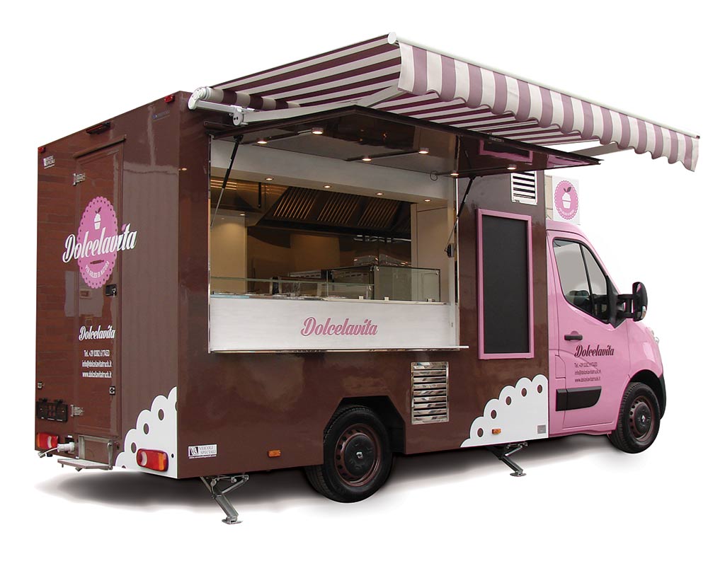 camion de glaces Dolcelavita aux couleurs chocolat et fraise