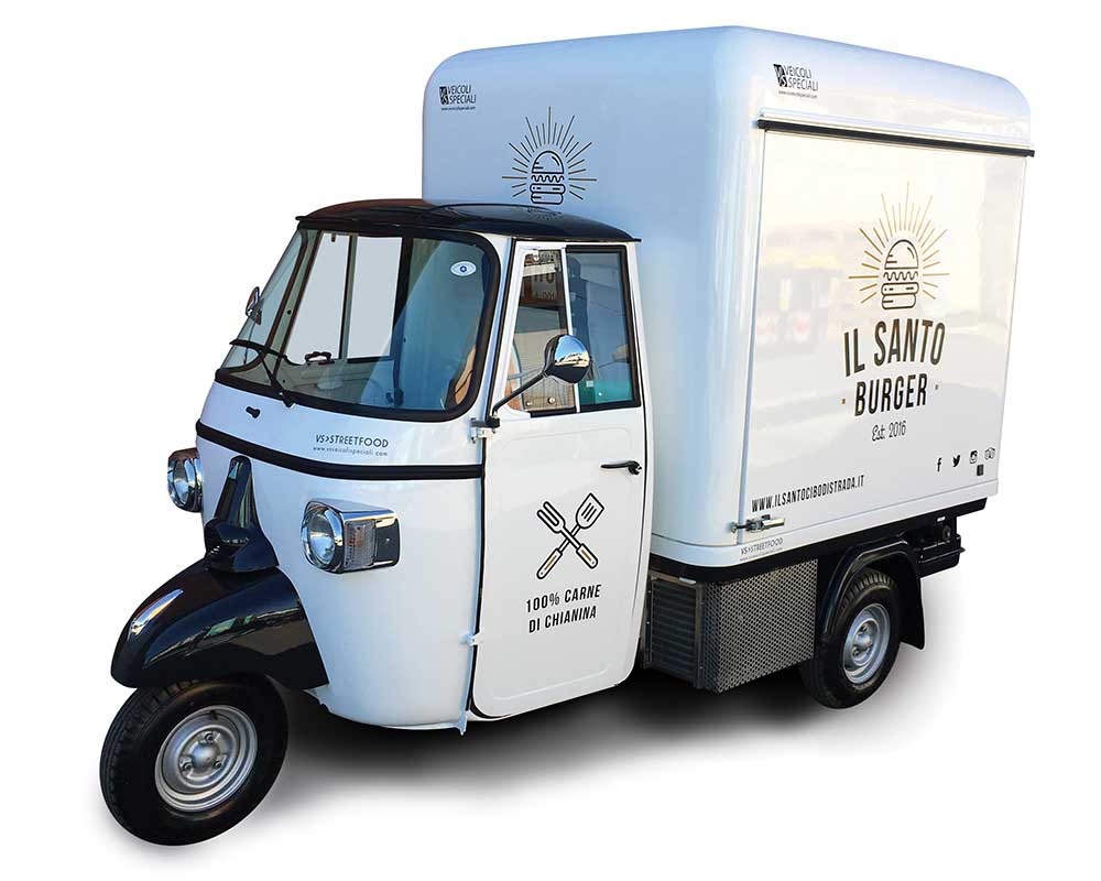 Santo Burger Truck Vespacar Restaurant pour vente de Hamburgers 100% Chianina