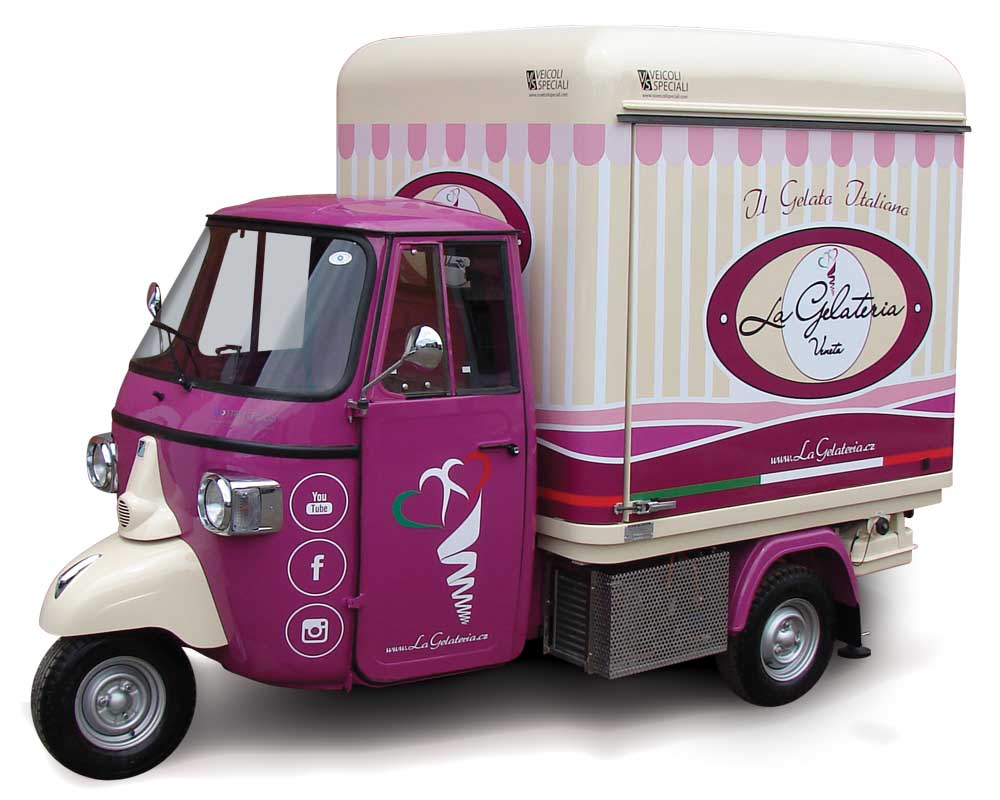 Ice-cream shop on wheels built on Piaggio for Gelateria Veneta