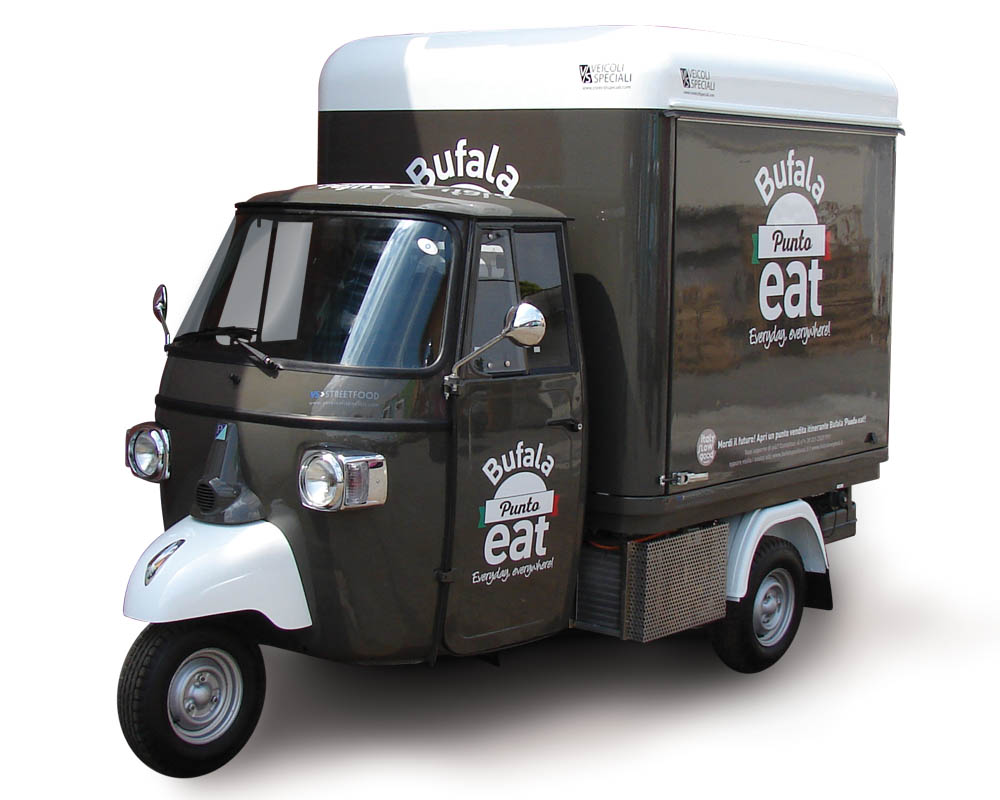 3 wheeler shop built on Piaggio Ape for Bufala Punto Eat. Black color