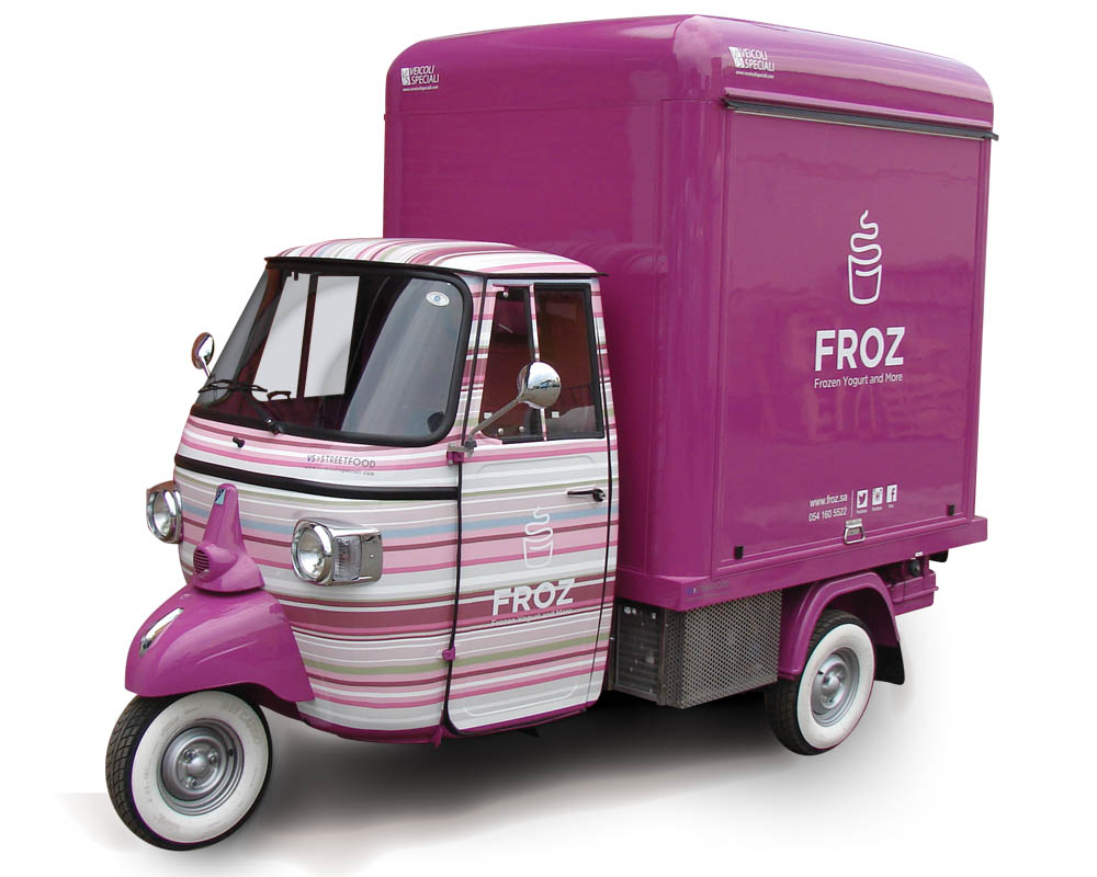 Froz is an Ape car modified for vending frozen yogurt and ice-cream in the streets and at events