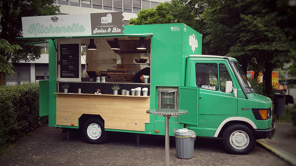 Food Truck Mercedes 310 designed for vending hamburgers and french fries. Green colour