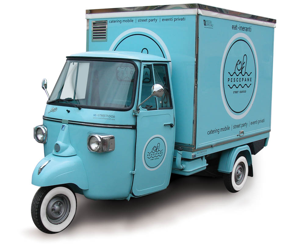 Piaggio van designed for food catering and street vending. Celest colour