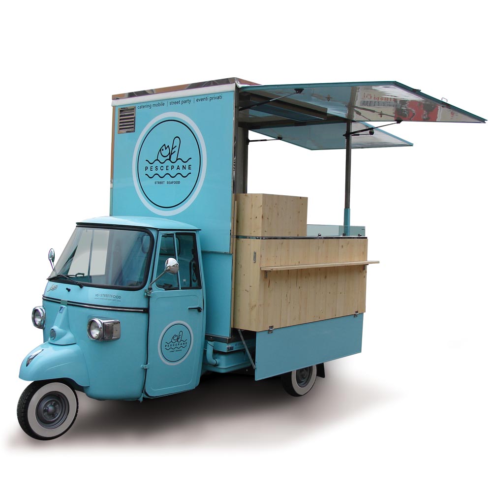 Piaggio van modified for vending street seafood equipped with professional kitchen