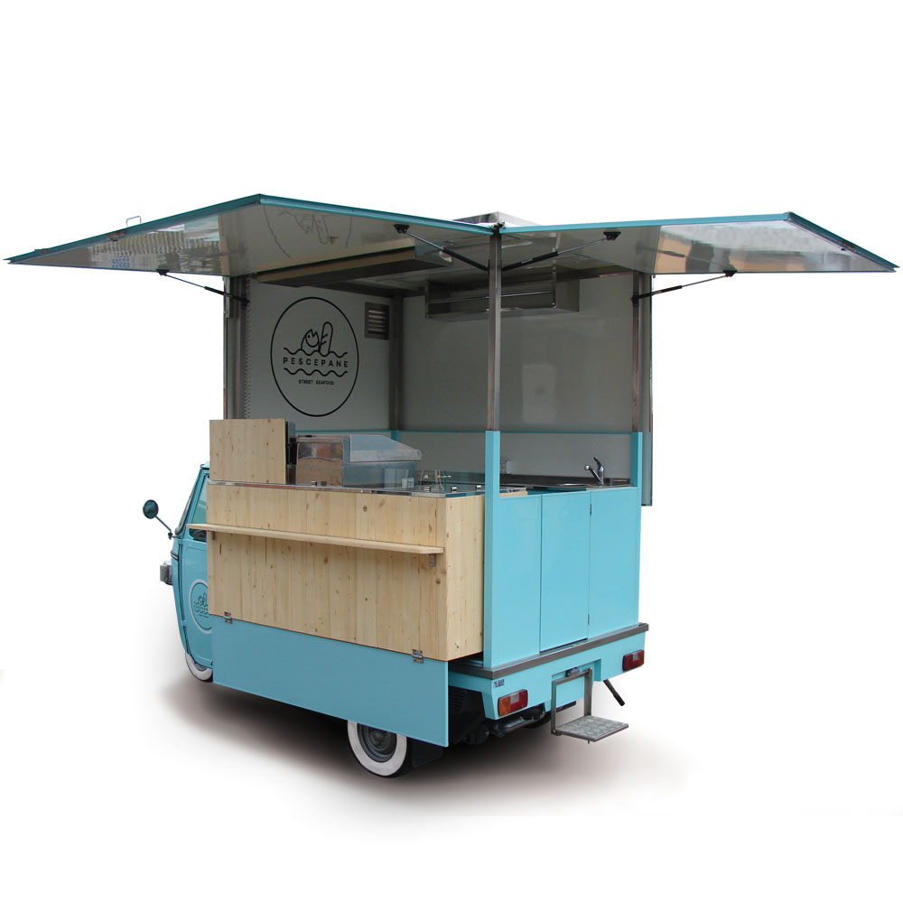 Pescepane is a Piaggio van modified for cooking and vending street seafood dishes and food catering. Its colour is celest