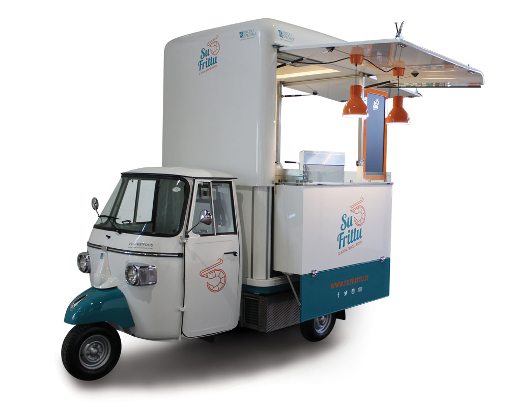 Apecar converted into food van and equipped as a mobile kitchen