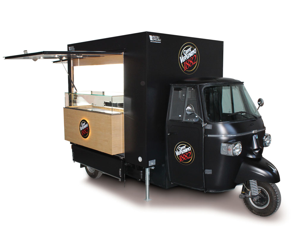 coffee truck black designed on piaggio ape Vergnano