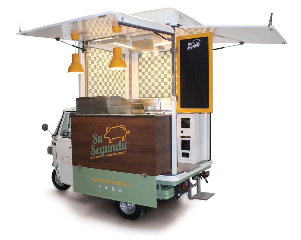 Small food truck piaggio Su Segundu built for mobile food business in Sardinia