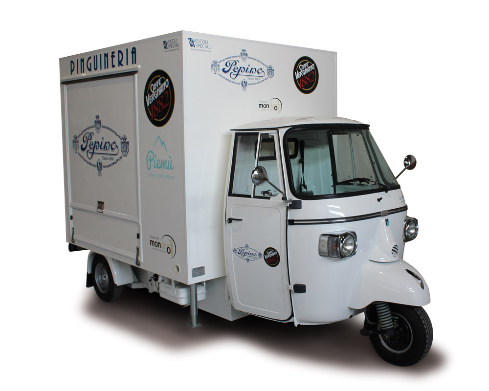 Mobile ice-cream van built on Piaggio Ape TR and designed to sell italian gelati and branding at avent and festivals