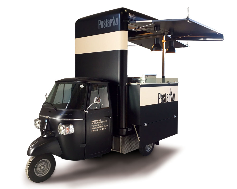 Piaggio apecar mobile kitchen for vending fresh pasta in Basel. Black colour, totally customised