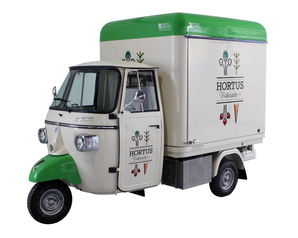 vegan food truck hortus built on Piaggio Ape V-Curve for brand promotion in Milan