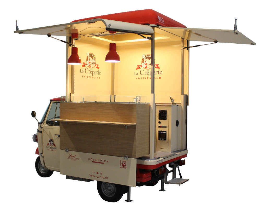 Crepes truck Ape V-Curve outfitted with professional kitchen for La Creperie Switzerland