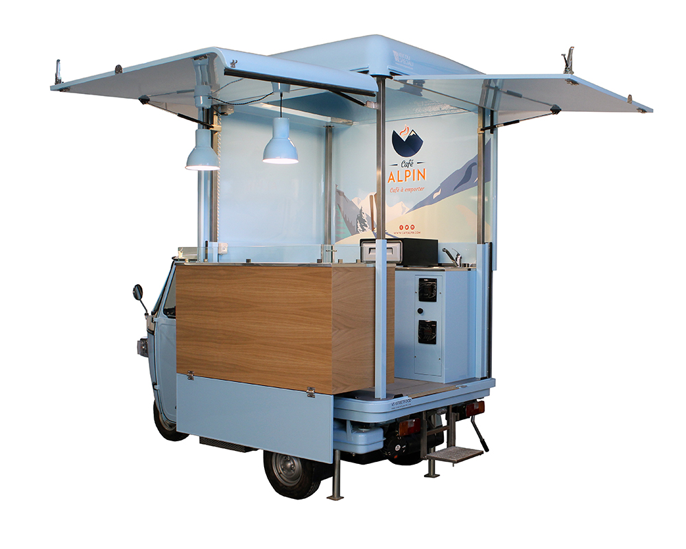 mobile coffee bar on ape v-curve cafe alpin