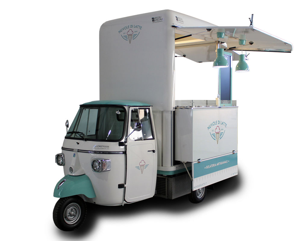 itinerant ice-cream shop built on vintage piaggio ape for street food business in florence