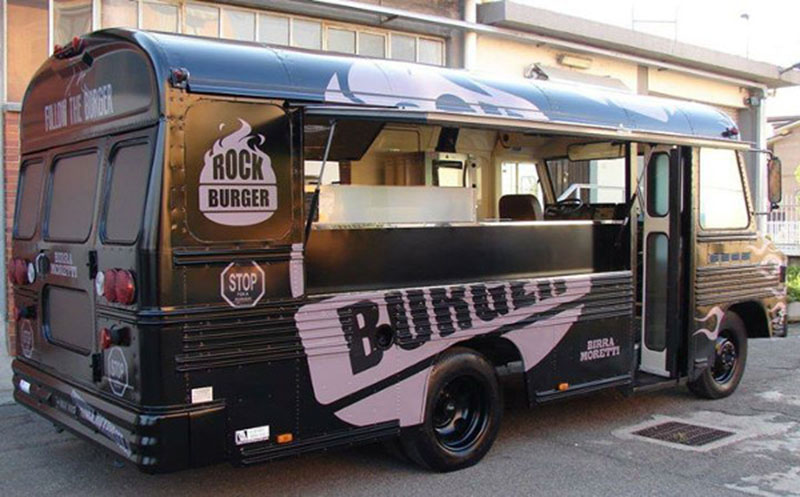 blue bird rock burger food bus nero e viola