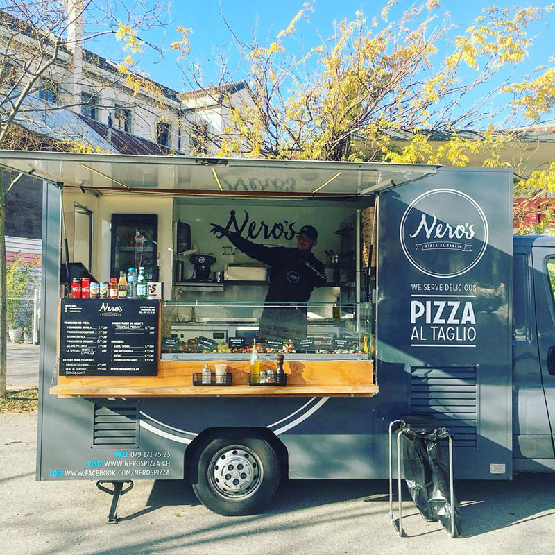 furgone food truck nero's pizza vendita di pizza al taglio a ginevra in svizzera