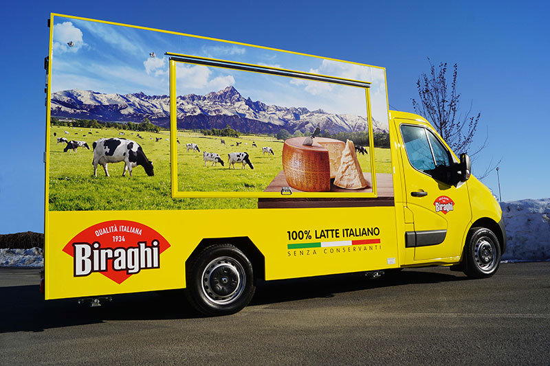 biraghi renault master yellow van for displaying and selling cheese