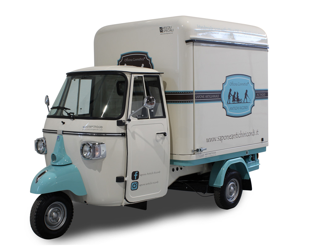 mobile truck boutique built on Piaggio Ape for a cosmetic company