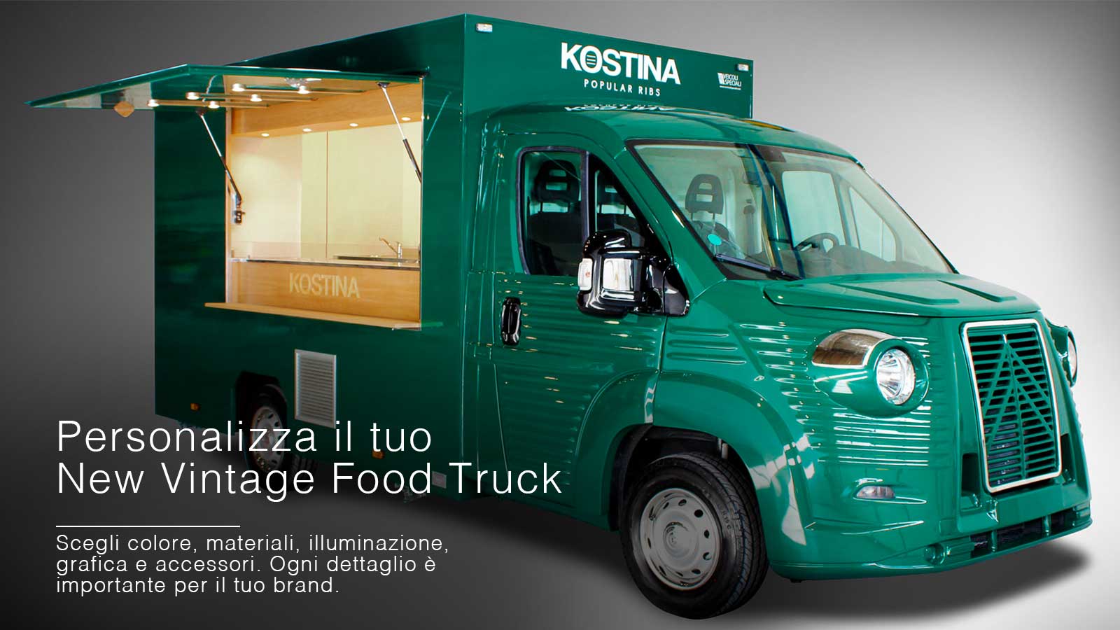 food truck citroen non veicolo d'epoca restaurato ma vintage nuovo personalizzabile, nell'immagine colore verde per azienda Kostina