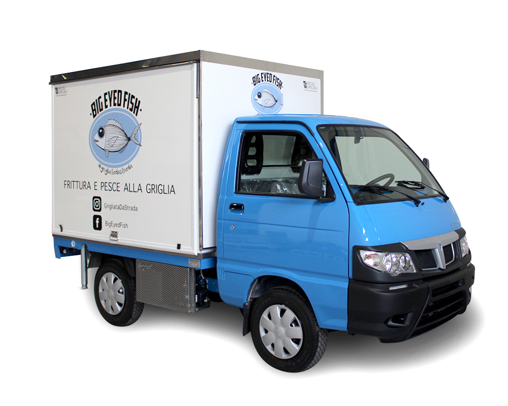 porter piaggio transformed into mobile kitchen to sell fry fish food