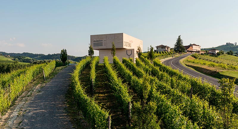 azienda vitivinicola astemia pentita a barolo - vista della cantina progettata come due casse di vino tra i vigneti