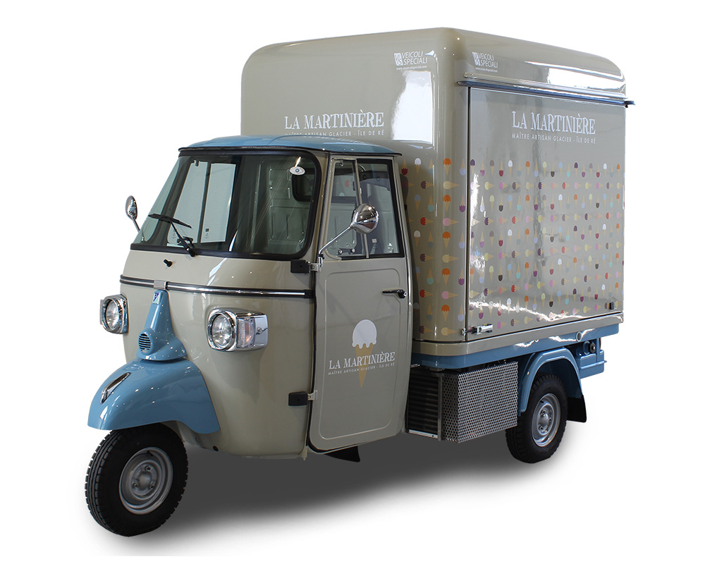 la martiniere 3-wheel piaggio apecar converted into mobile gelateria for branding and selling ice-cream along the beaches