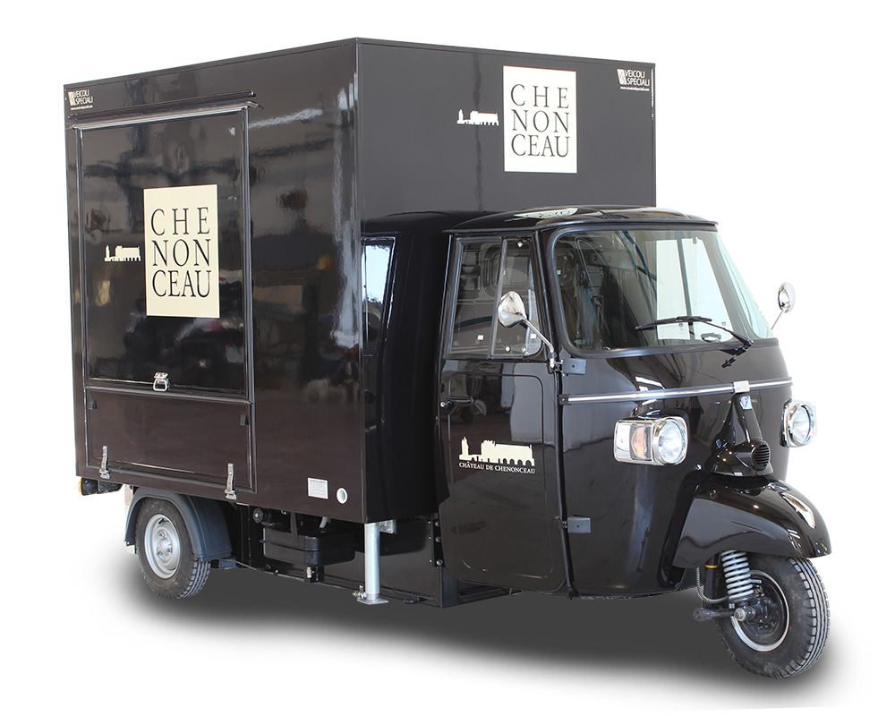 piaggio ape model TR set up for the chenonceau castle in france - black color