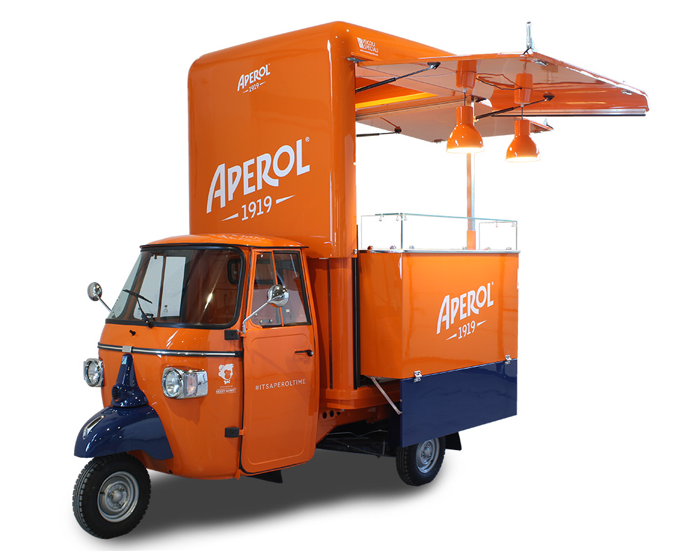 piaggio ape bar aperol - colore arancione, allestimento adatto per la preparazione e vendita di spritz