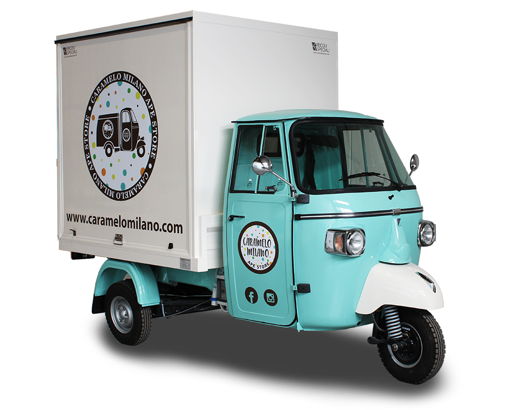 fashion truck promozionale caramelo milano - ape piaggio modello smart convertita in promo truck espositivo