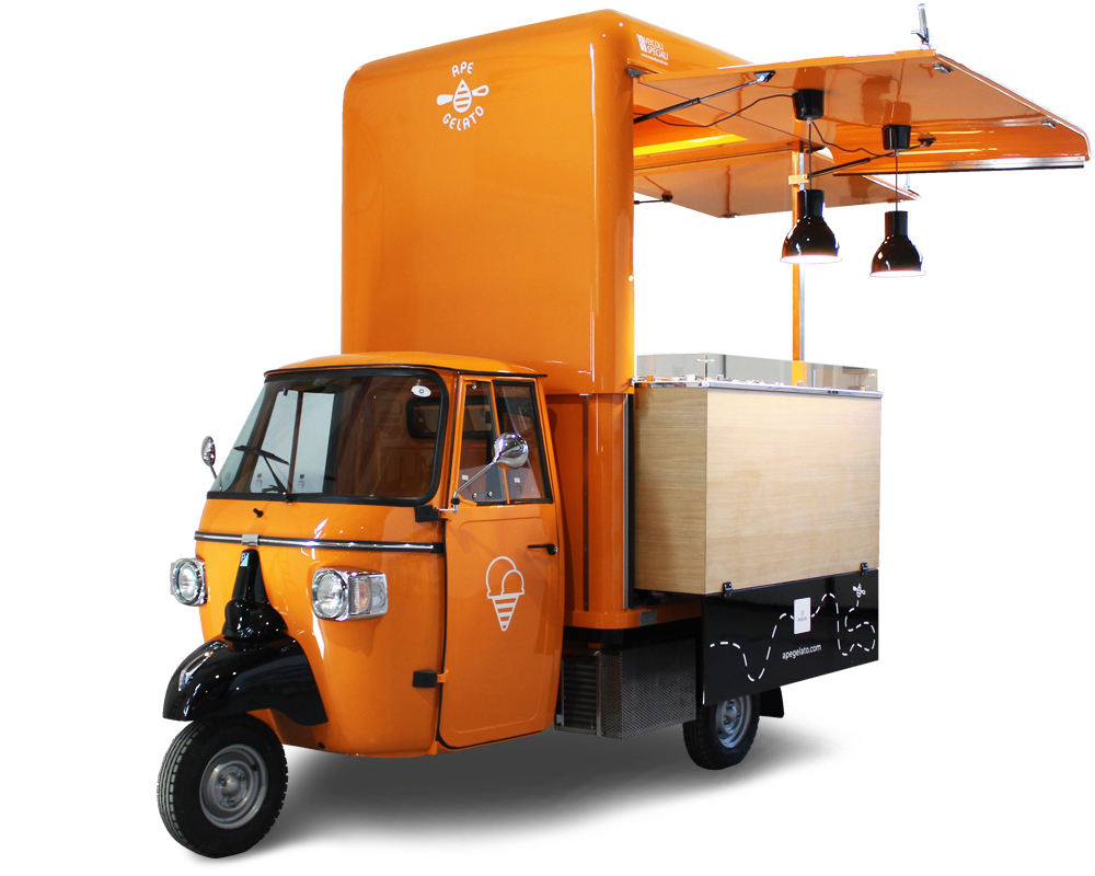 gelateria ambulante ape food truck piaggio di colore arancione