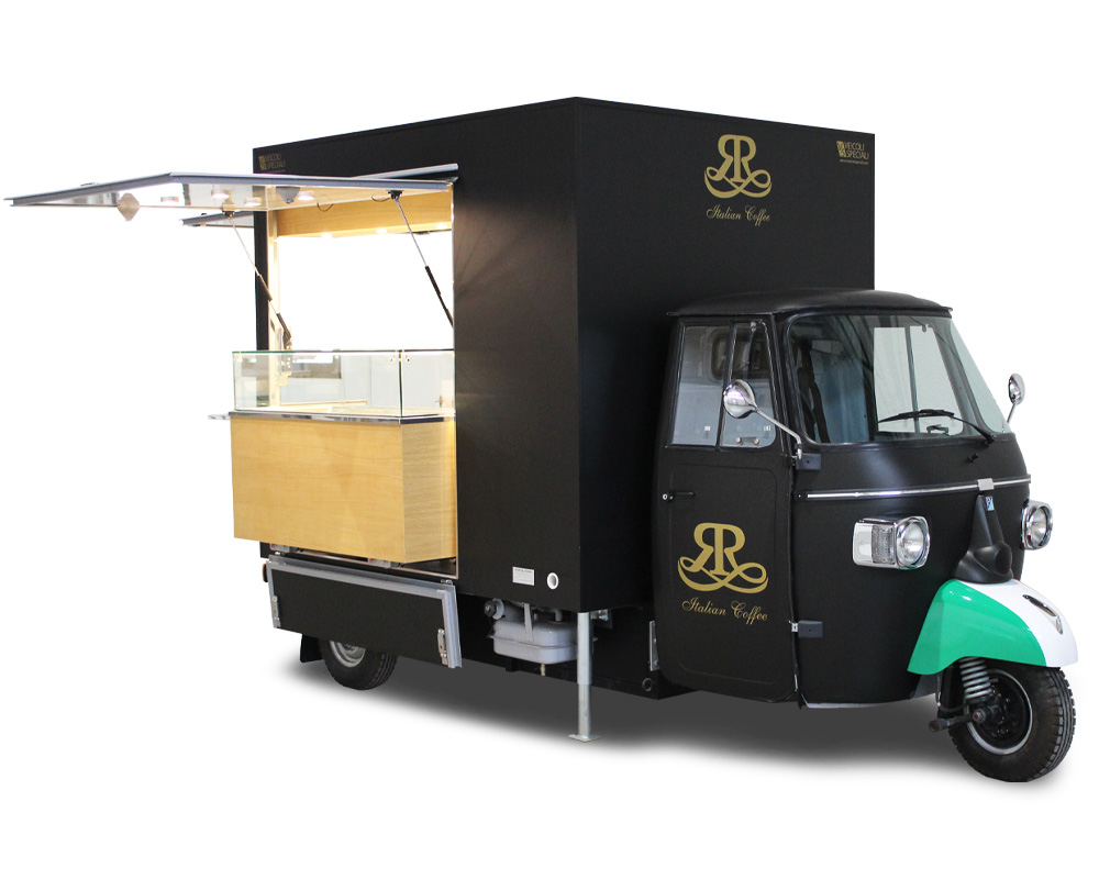 Bar-caffetteria ambulante su Piaggio Ape TR da posizionare in spazi chiusi e aperti per offrire un elegante e originale servizio di ristorazione