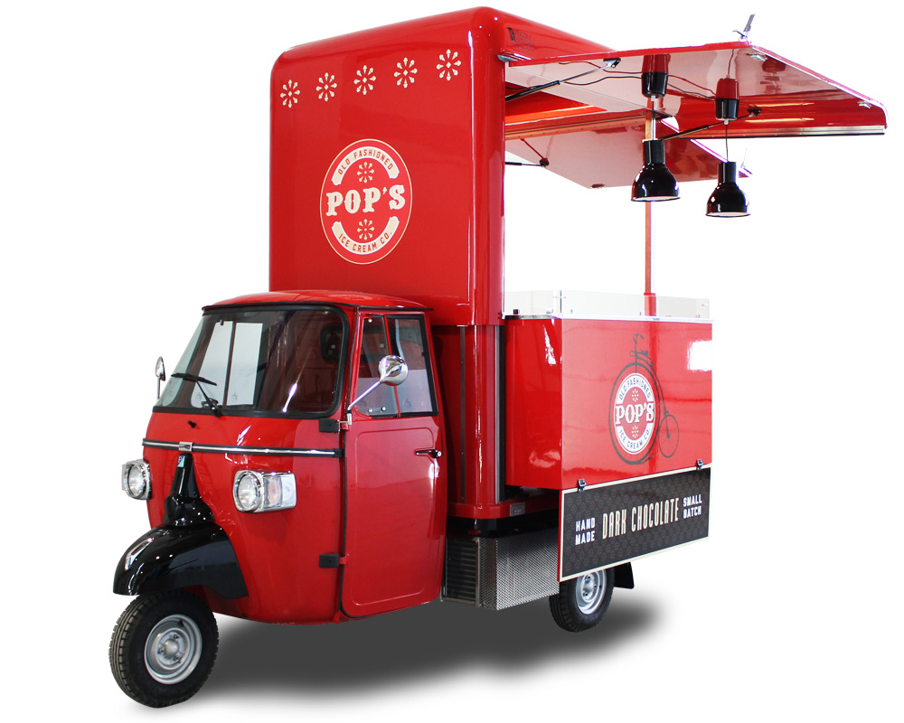 ice cream apecar rossa per street food business negli usa - acquistata della gelateria pop's