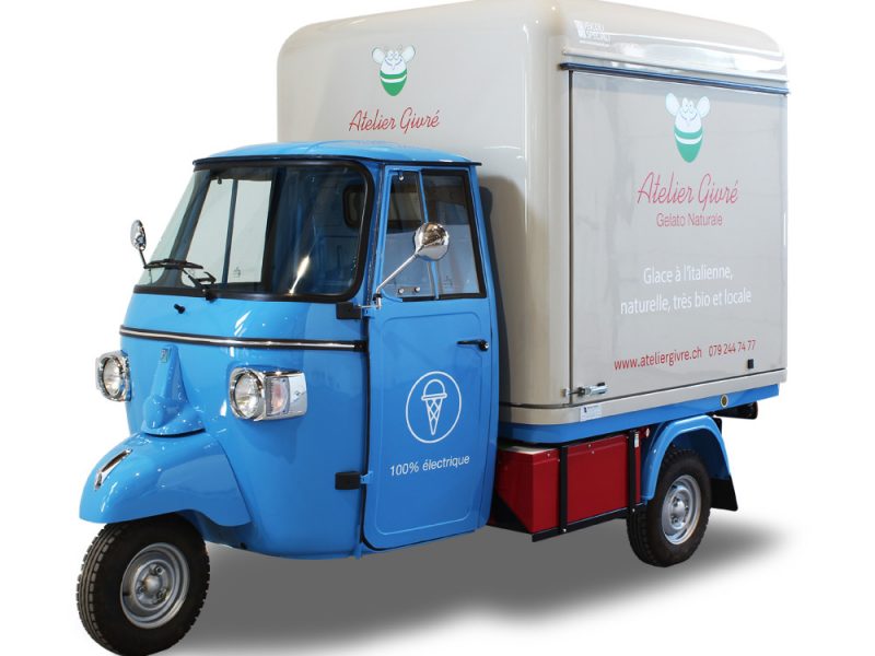 Electric van with efficient batteries set up for the sale of artisanal ice cream in France. An ecological solution for your mobile food business