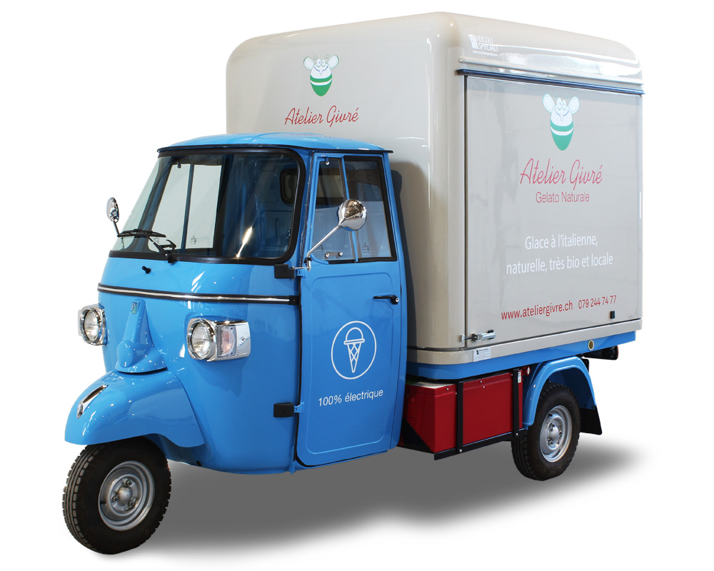 Electric van with efficient batteries set up for the sale of artisanal ice cream in France. An ecological solution for your mobile food business