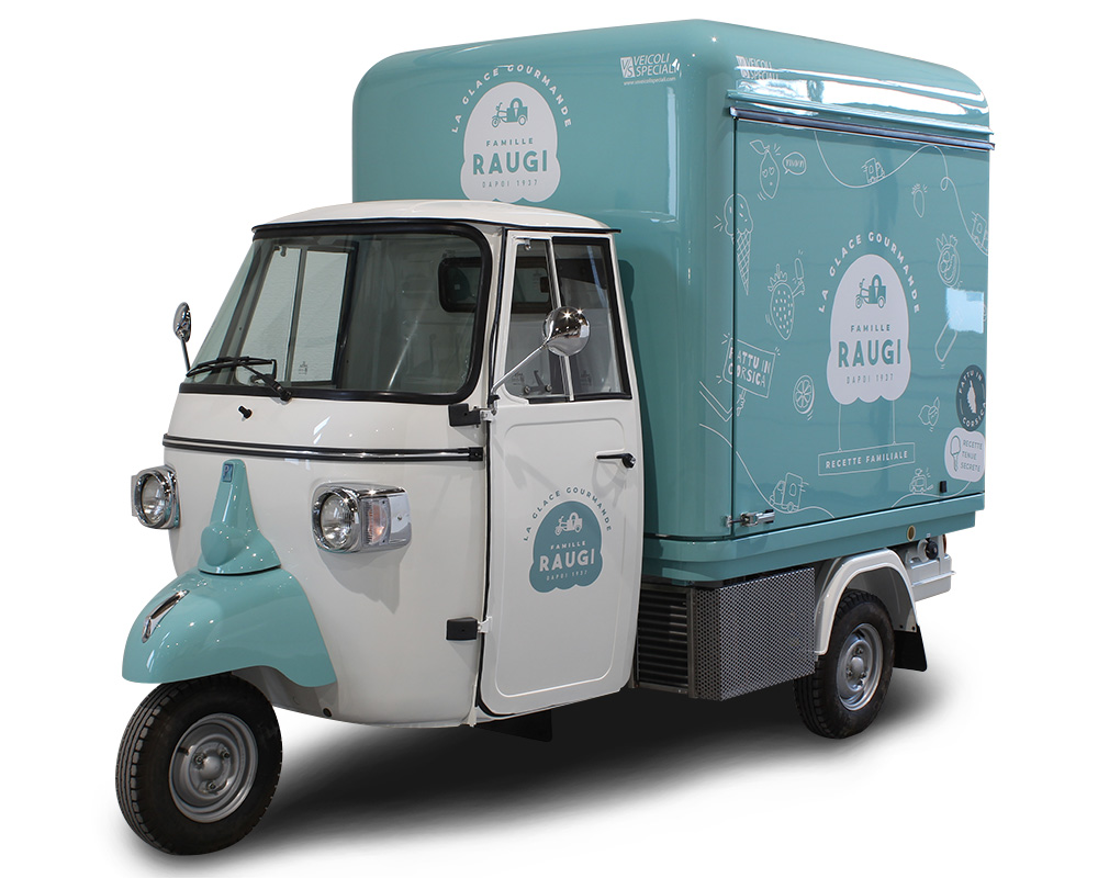 Electric Ice Cream Van | Piaggio Ape VCurve with electric motor designed for RAUGI COMPANY