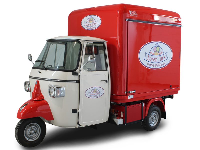 Red compact Ice Cream Truck built for loren jin's gelato & waffle